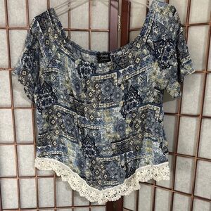 Elegant Blue and Cream Blouse with Lace Detail PTP 23 inches. Discolored on lace